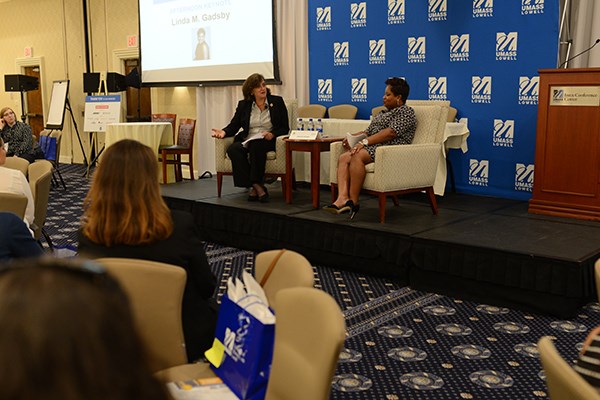 Linda M. Gadsby in conversation with Asst. Prof. Liz Altman at the UML Women's Leadership Conference, 2018