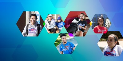 Blue background with collage of smiling UMass Lowell students.