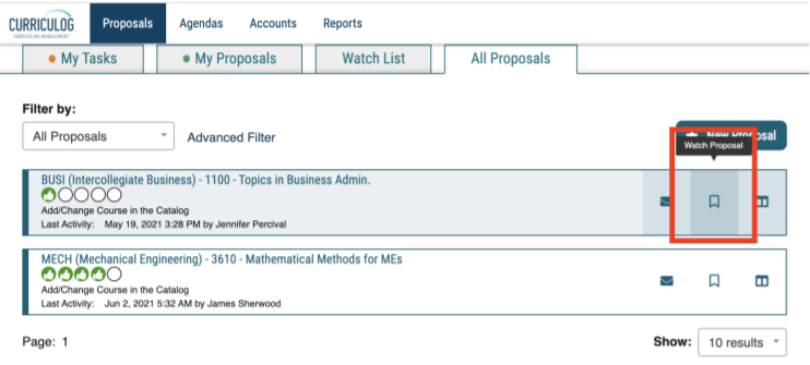 Curriculog interface showing “All Proposals” Tab with a sample list of proposals. The “Watch Proposal” bookmark icon is highlighted.