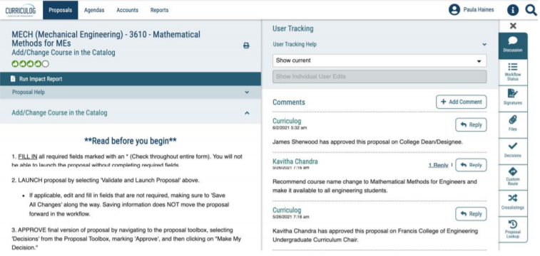 Curriculog interface showing a sample proposal with the "User Tracking” details and the "Proposal Toolbox” icons at the right of the screen.