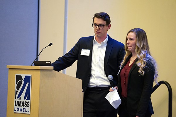 Students William Fullbrook Hanna and Hannah Wright pitch their project Chip Away