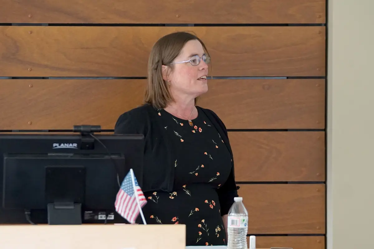 A woman with brown hair and glasses speaks at the front of a room. There is a small American flag on the podium in front of her.