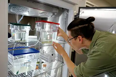 A man and a woman pose for a photo in a biology lab.