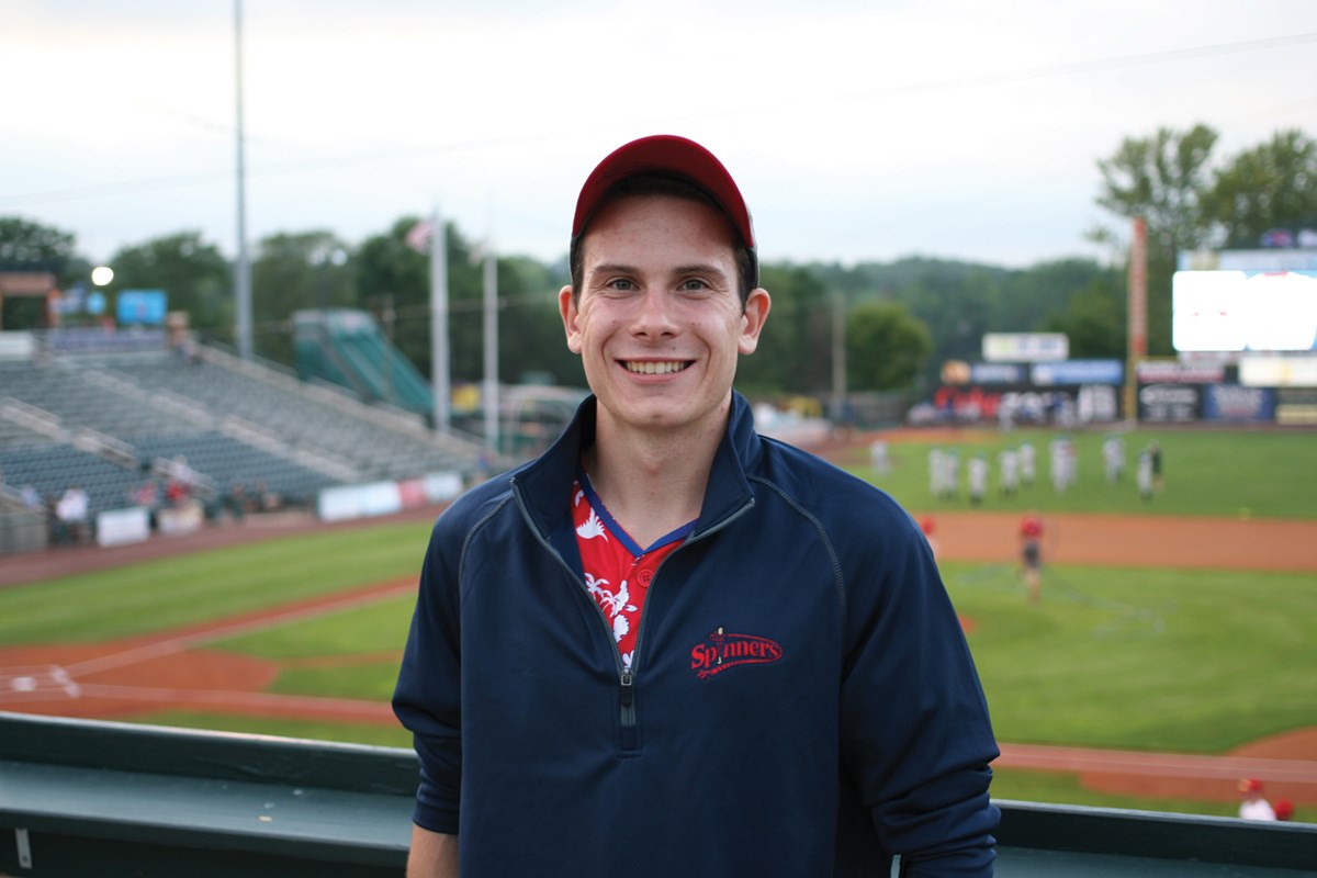 UMass Lowell student Daniel Schmith in the stands at LaLacheur Park