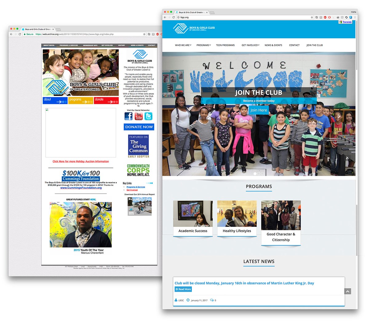 Boys and Girls Club of Greater Lowell Website Redesign (with WordPress) by Melanie DesRoches, Tianwei Du, Cynthia Hoac