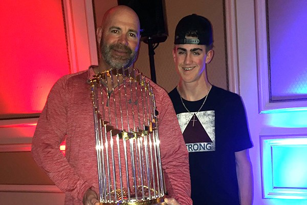 Chad and Drew Epperson with the Red Sox' World Series trophy