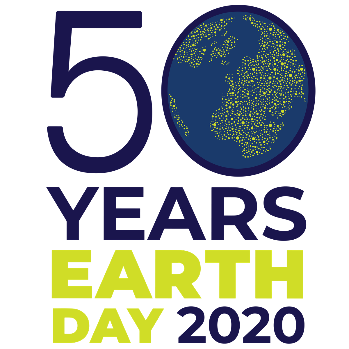 Logo with text: 50 Years Earth Day 2020. Inside the 0 in 50 is an image of the earth with the zero as the outline for the planet.