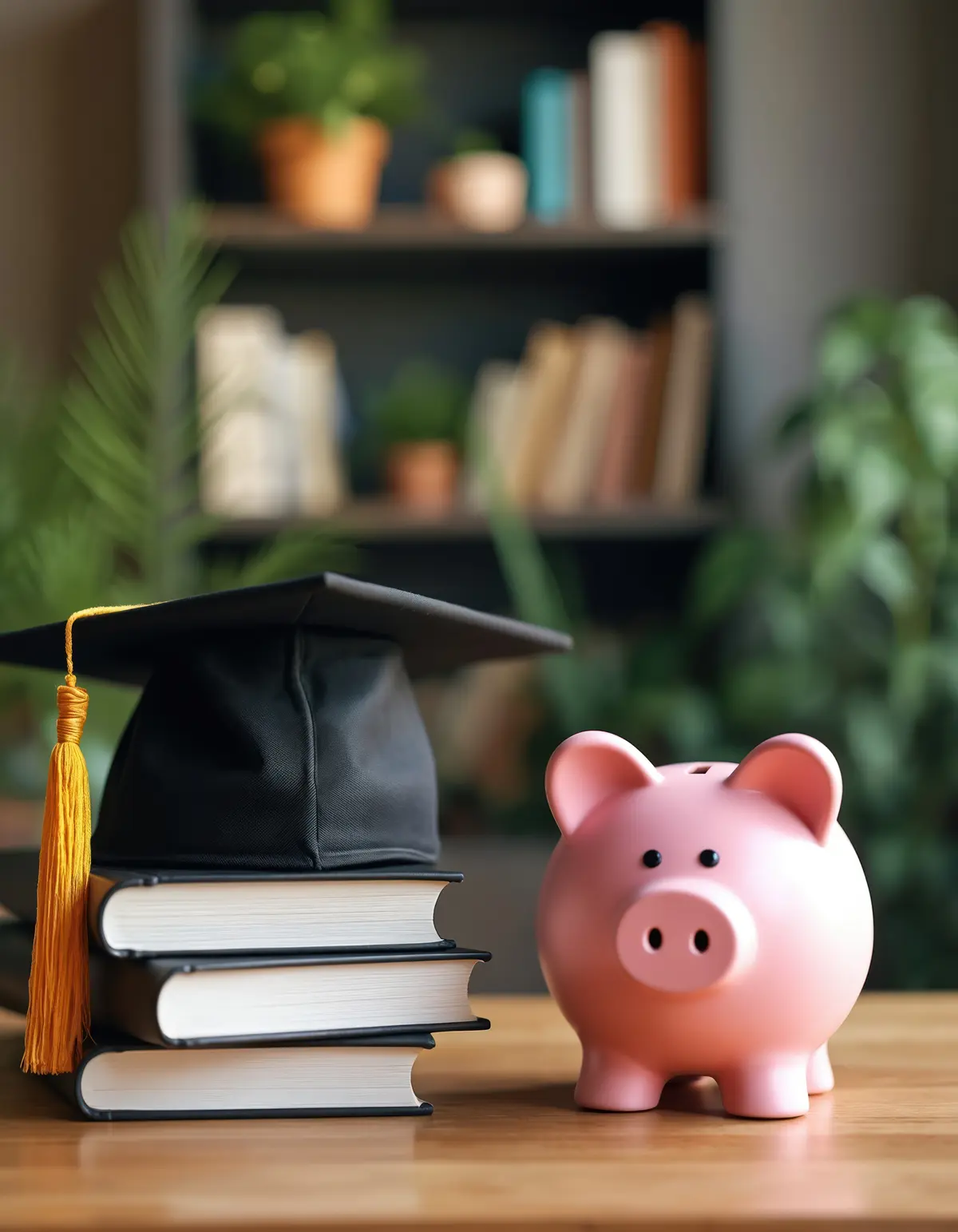  Graduation cap on books with piggy bank.