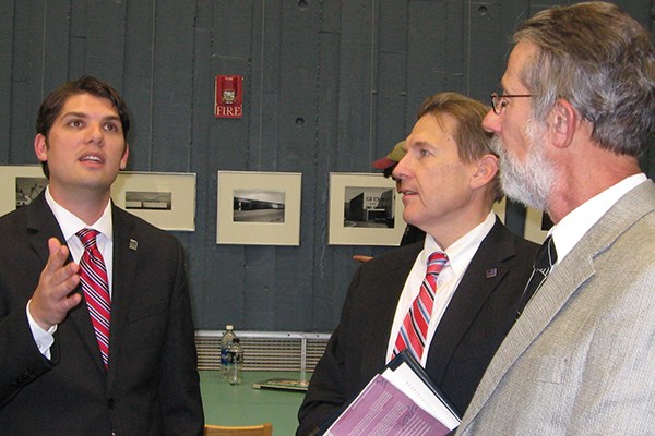 Assoc. Prof. Joshua Dyck talks with Provost Michael Vayda and Tufts political science Prof. Jeffrey Berry