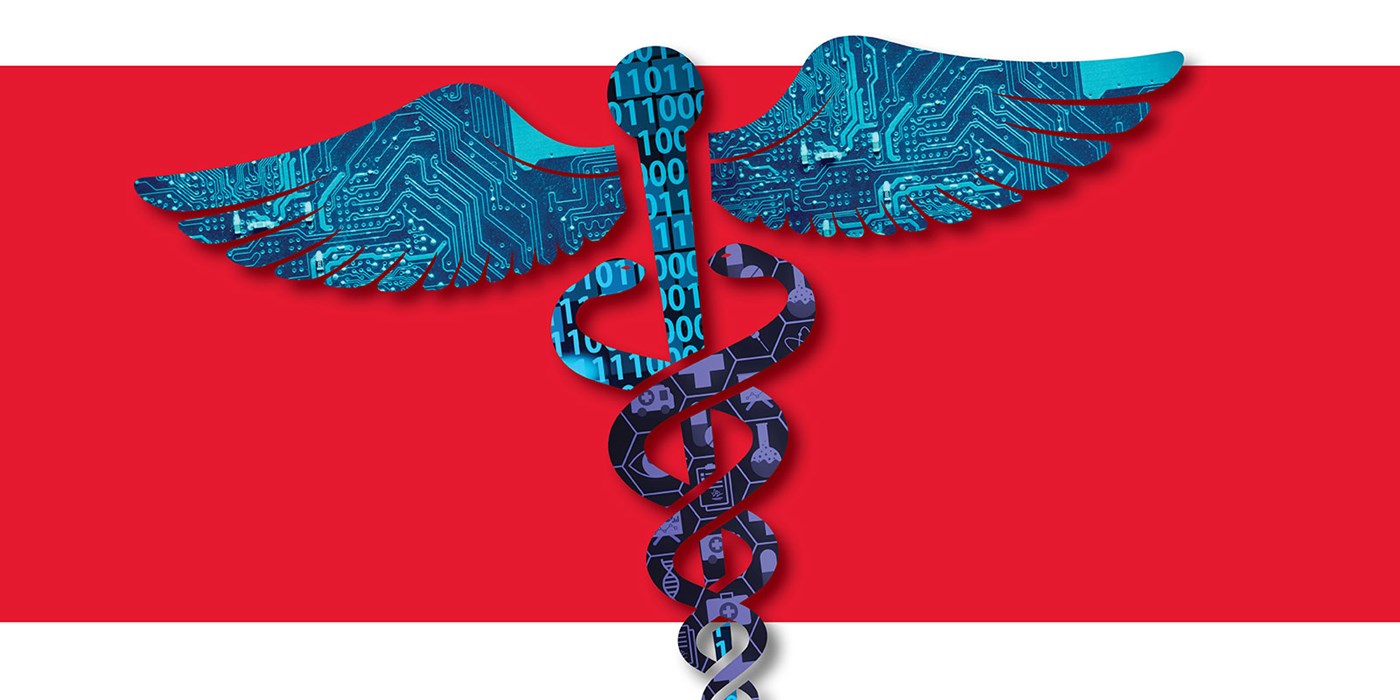 A staff with two snakes graphic representing medicine and the medical profession.