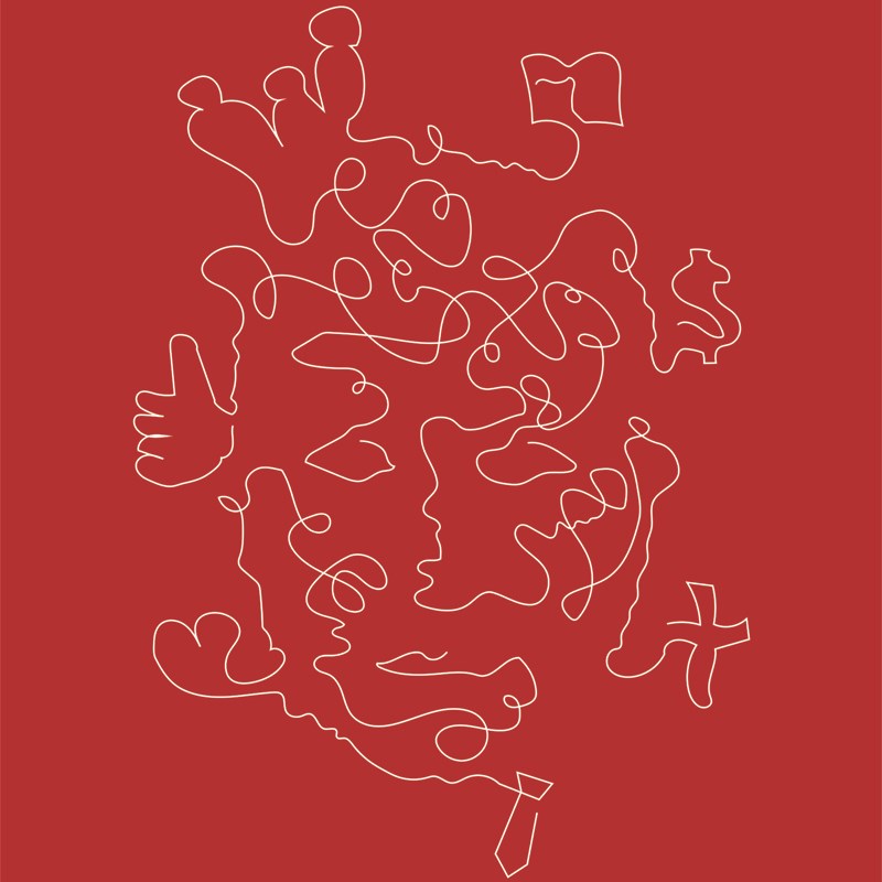 Line illustration on red background - part of a poster designed by German exchange student Elias Awad to communicate the ways in which social pressure impacts one’s mind