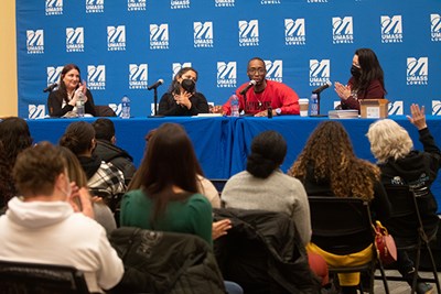 A panel discussion on wrongful convictions at UMass Lowell featured, from left, Asst. Teaching Prof. Erica Gagne, Radha Natarajan, Sean Ellis and Assoc. Prof. Miko Wilford