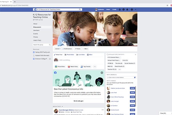 Screenshot of Facebook page K-12 Resources for Teaching Online