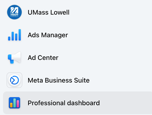 List of icons and actions: UMass Lowell, Ads Manager, Ad Center, Meta Business Suite, Professional dashboard