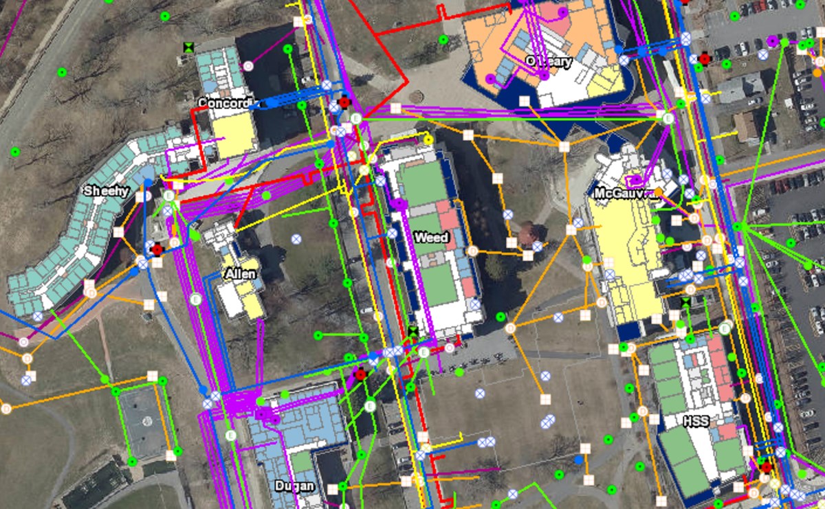 Example of the FIS system: Map of South Campus showing utilities connections between buildings