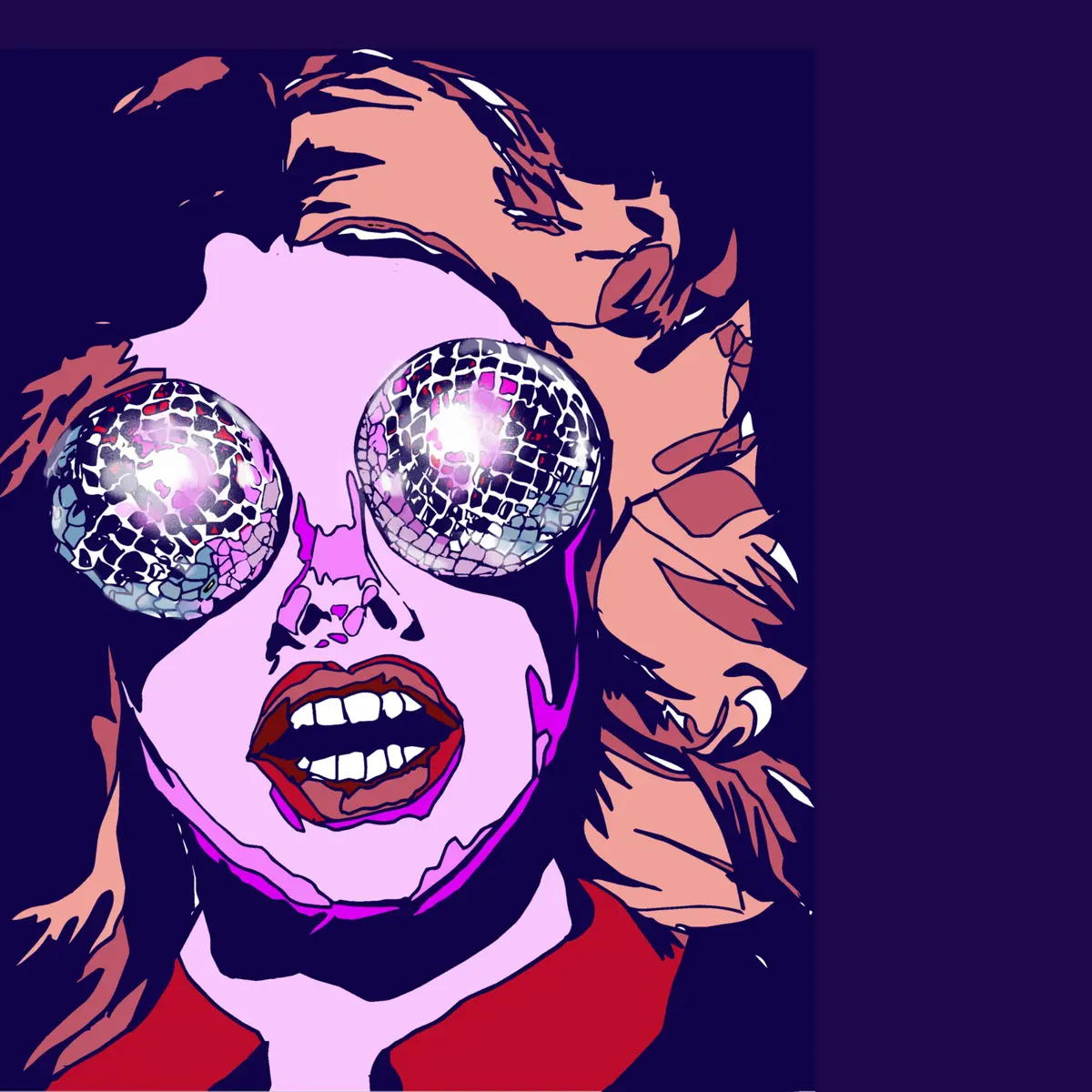 Illustration of a person’s face with pink skin, red lips, messy hair, and large disco balls as eyes, set against a dark background.