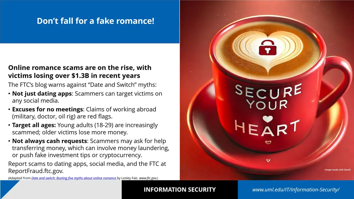Slide with information on how to avoid common scams involving romance.