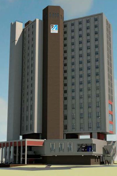 Artist rendering of new elevators, on left side of Fox Hall