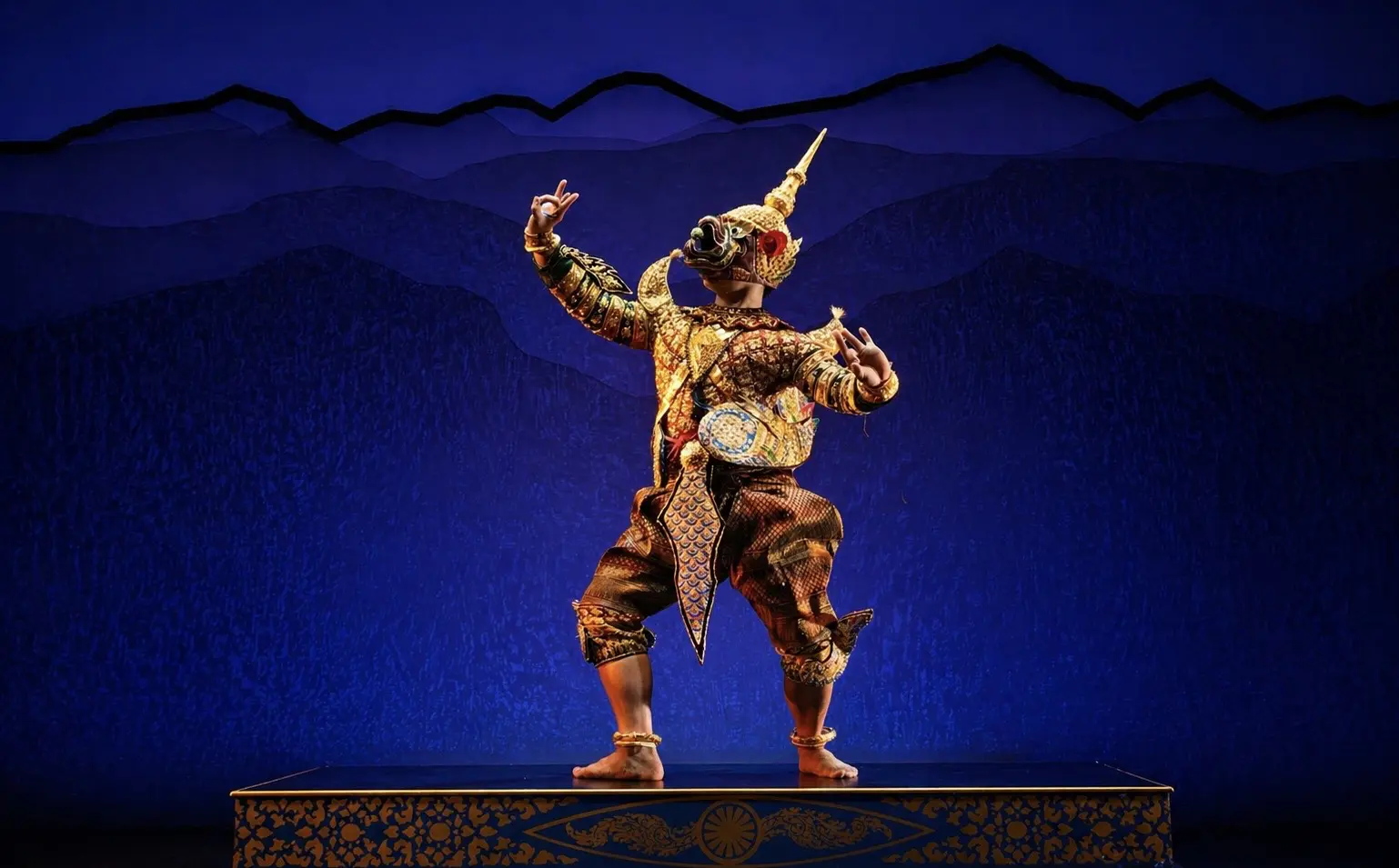Chummeng Soun in colorful costume dancing the sorceror role in "A Khmer Swan Lake"