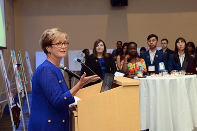 Chancellor Jacquie Moloney speaks at the opening ceremony
