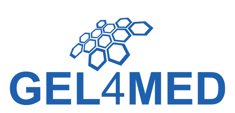 Gel4Med Logo with the words: Gel4Med in blue letters with blue hexagons arranged in a shape above the words.