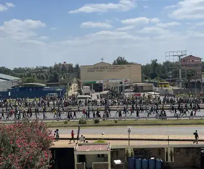 Students march along a highway bridge in Nairobi, Kenya in 2024