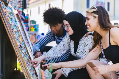 Diverse group of friends shopping souvenirs at a store.