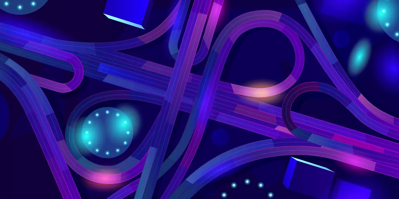 Dark blue background with swirls of purple and blue looking like a highway