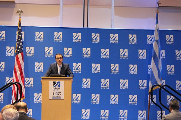 Greece’s consul general in Boston, Stratos Efthymiou, spoke at the opening of "Acropolis in America," an exhibit at UMass Lowell