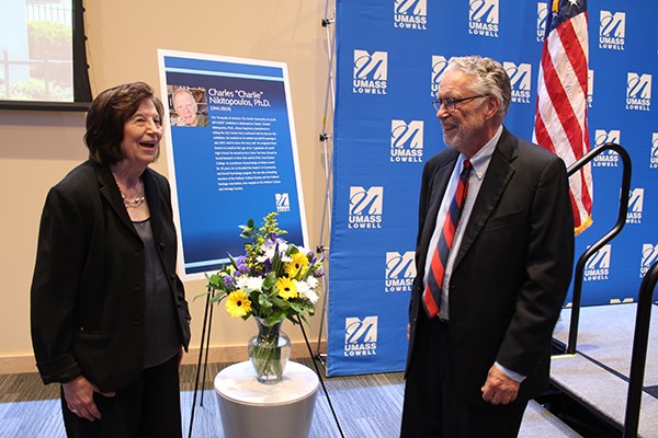 Efthemia Nikitopoulos with History Prof. Robert Forrant at the opening of an exhibit on Greek immigration history dedicated to her late husband, UMass Psychology Prof. Charles Nikitopoulos.