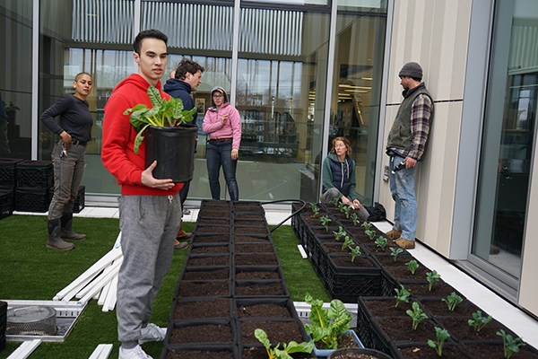 Student Akbar Abduljalil helps plant the rooftop garden