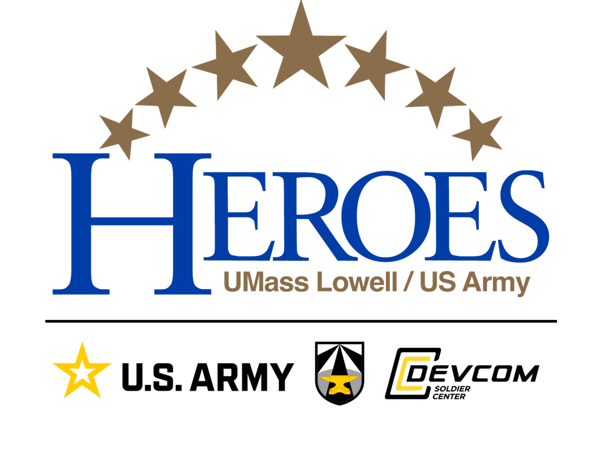 Logo that says: HEROES UMass Lowell/US Army, DEVCOM Soldier Center, US Army 
