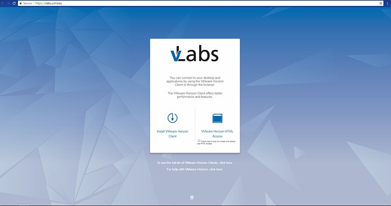 vLabs webpage screen with install the VMware Horizon View Client Application option and VMware Horizon View Client over HTML option   
