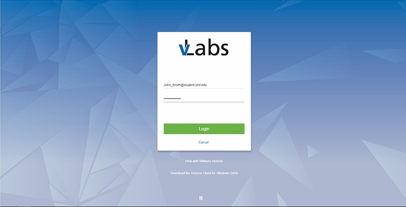 Enter uml student email for username and password to the vLabs login page