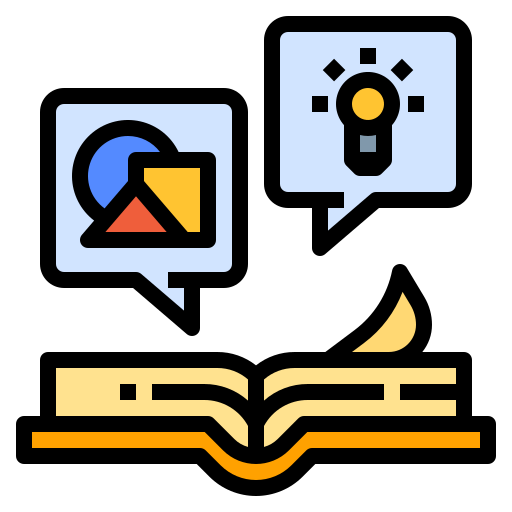 graphic of a book with thought bubbles pointing at the pages containing lightbulbs and bar graphs