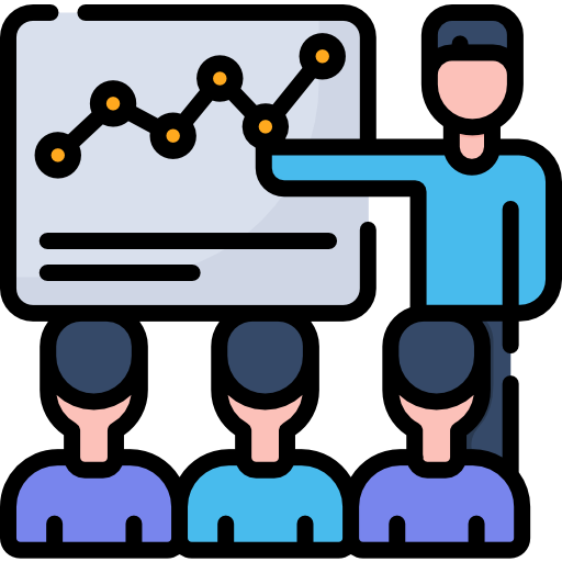 Graphic of 1 person standing in front of an audience of 3 other people giving a presentation. The presenter is pointing toward the line graph being displayed in their presentation.