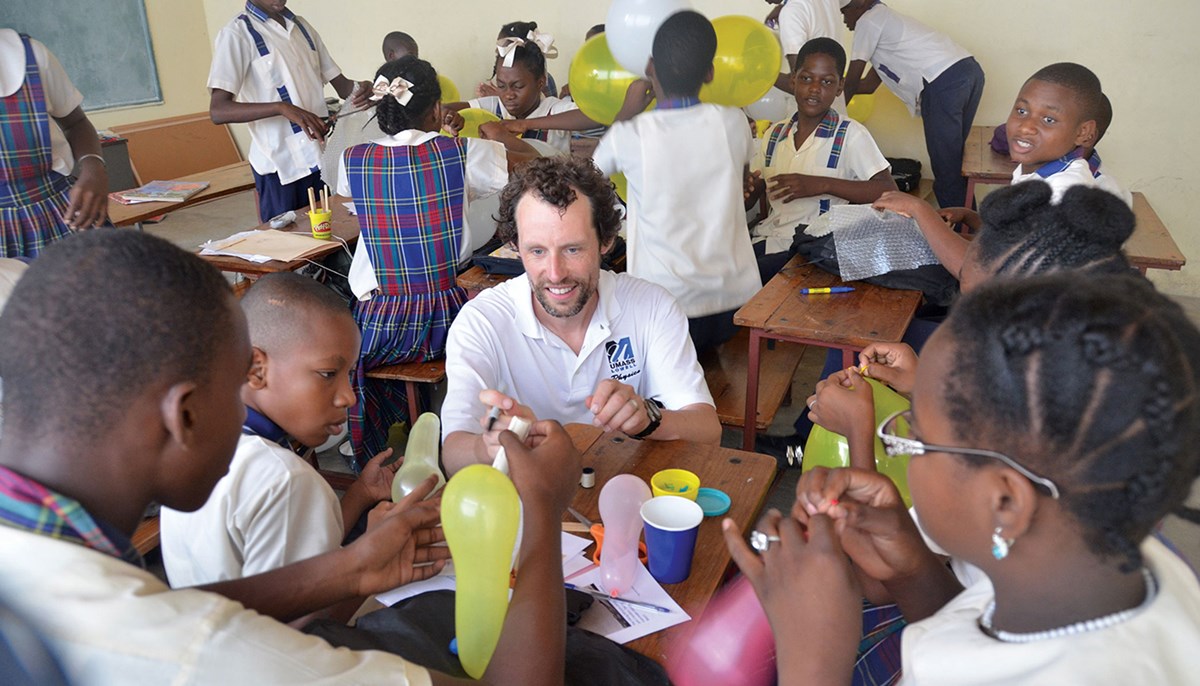 UMass Lowell student Thomas Heywosz teaches science to elementary students in Haiti