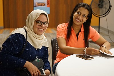 Halima Kounniba and Nezha Youssefi of Morocco at UTEC in Lowell