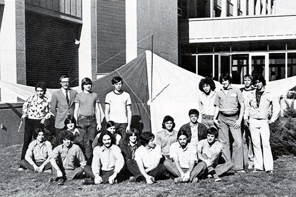 The Hang Gliding Club poses outside of Olney Science Center