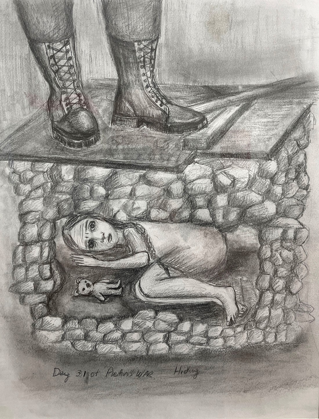 Hanna Melnyczuk, Day 31 of Putin’s War: Hiding, pencil on paper, 2022. Image shows legs with military boots standing above small child curled with teddy bear and hidden below ground.