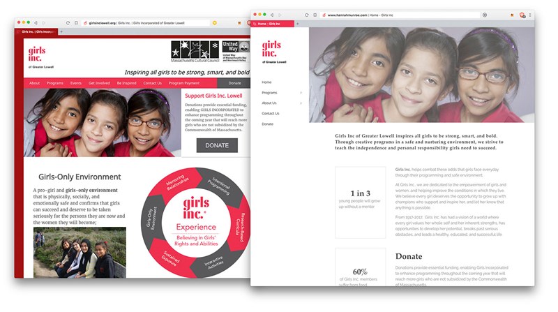 Girls Inc. of Greater Lowell website redesign (original, redesigned) by Hannah Munroe
