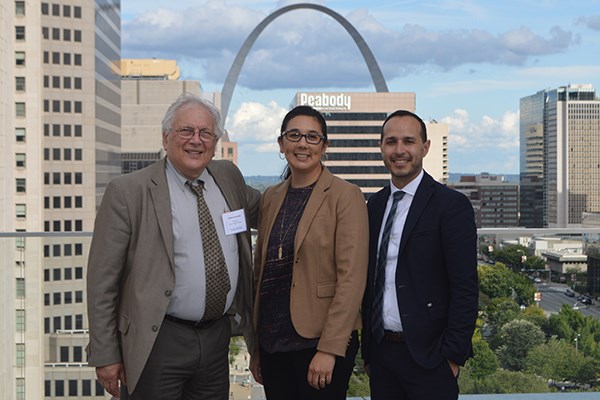 UML Asst. Prof. of Nursing Mazen El Ghaziri, right, SLU Assoc. Prof. Lisa Jaegers, center, and UConn Health Prof. Martin Cherniack in St. Louis in 2017