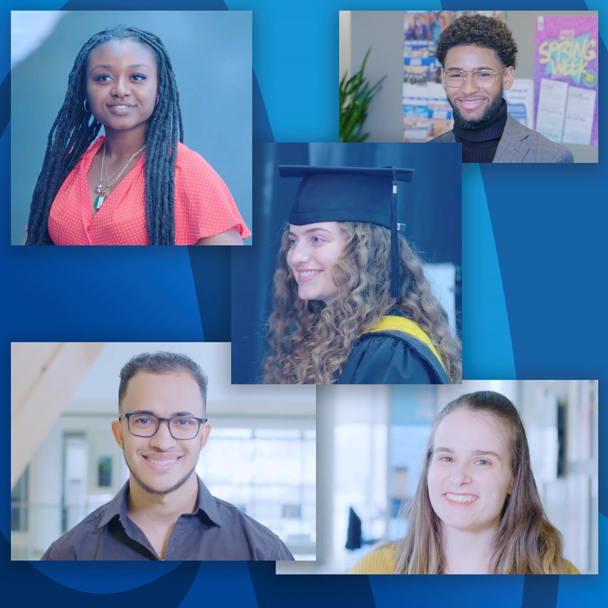 Montage of five graduating students