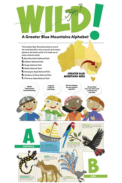 The first poster in a Blue Mountain Alphabet by Ingrid Hess, with illustrations and information about the Blue Mountain area national parks in Australia
