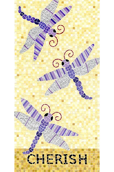 Ingrid Hess cut paper mosaic "Cherish" of purple dragonflies on yellow background