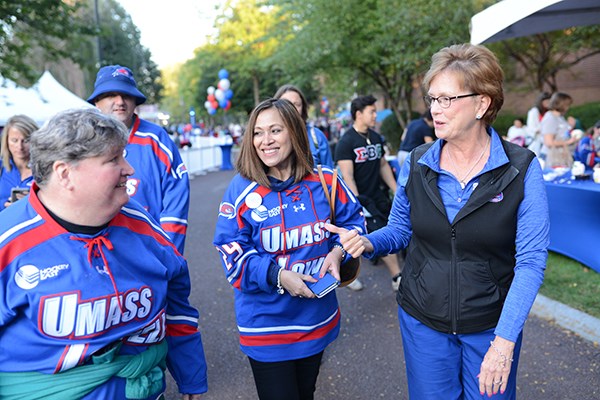 Chancellor Jacquie Moloney chats with River Hawks at Homecoming