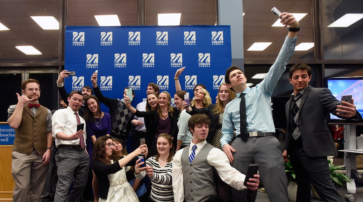 The Honors Ambassador Council poses for a "silly selfie group photo" at the 20th anniversary celebration.