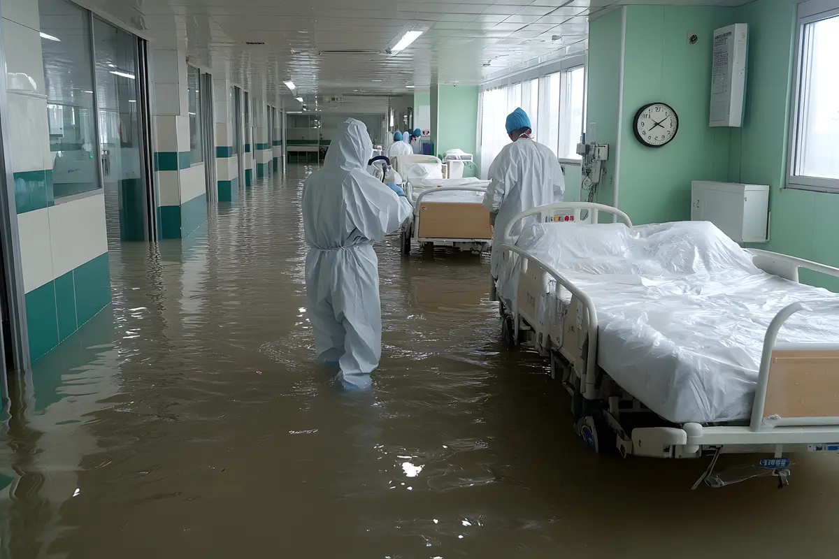 Healthcare workers trudge through flooded hospital hallways in full personal protective equipment.