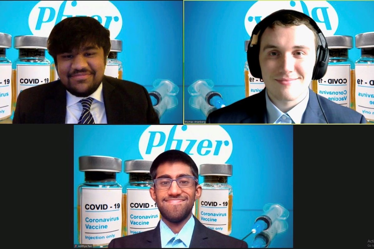 Screenshot of IBECC winners on a video conference. Business students Raj Aurora, Thomas Stranberg and Prabakar Adithya compete on Zoom