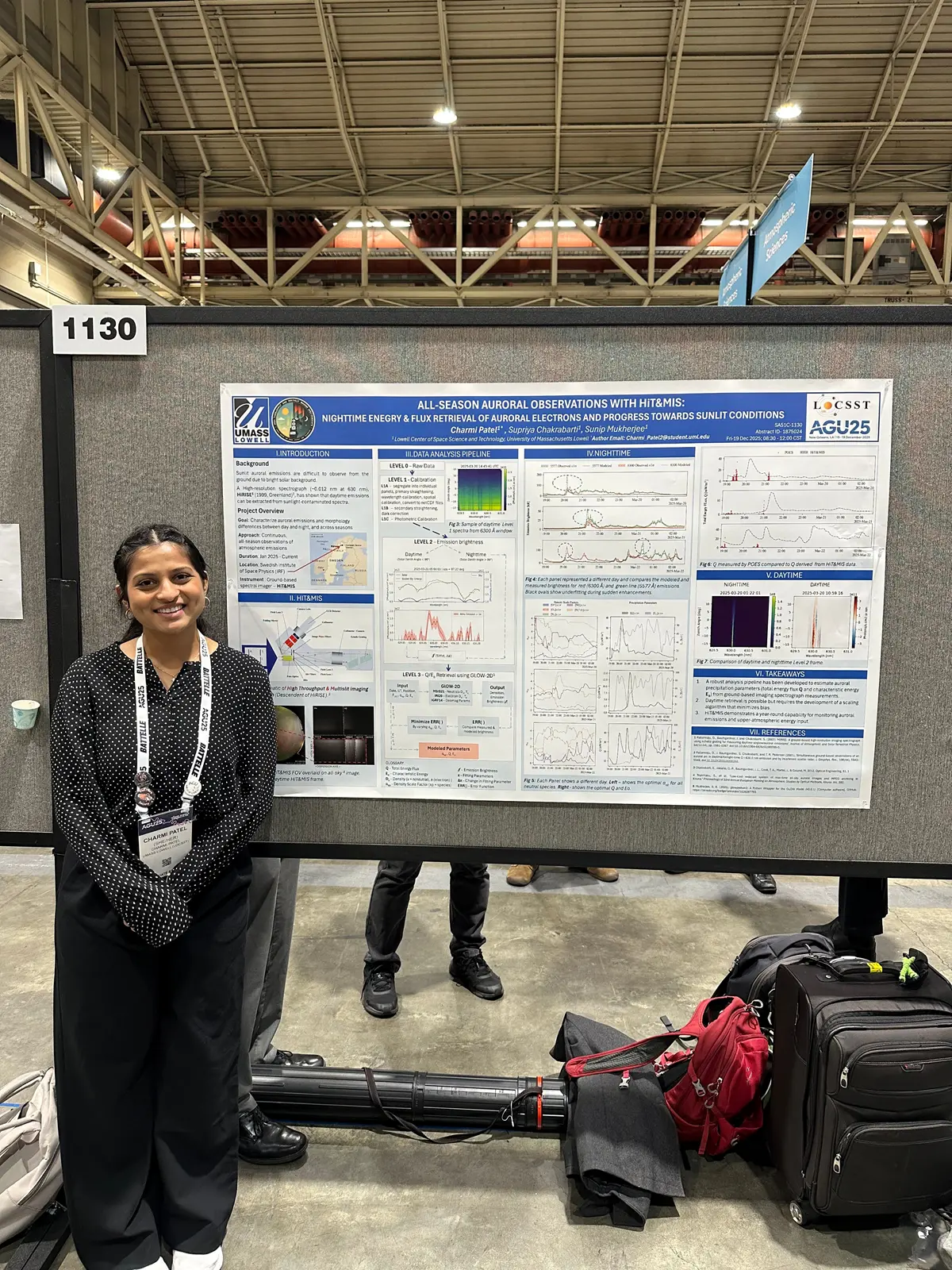 Graduate student Charmi Patel presenting "All-Season Auroral Observations with High Throughput and Multislit Imaging Spectrograph (HiT&MIS): Nighttime Energy and Flux Retrieval of Auroral Electrons and Progress Toward Sunlit Conditions," featuring the High Throughput and Multi Slit Imaging Spectrograph.